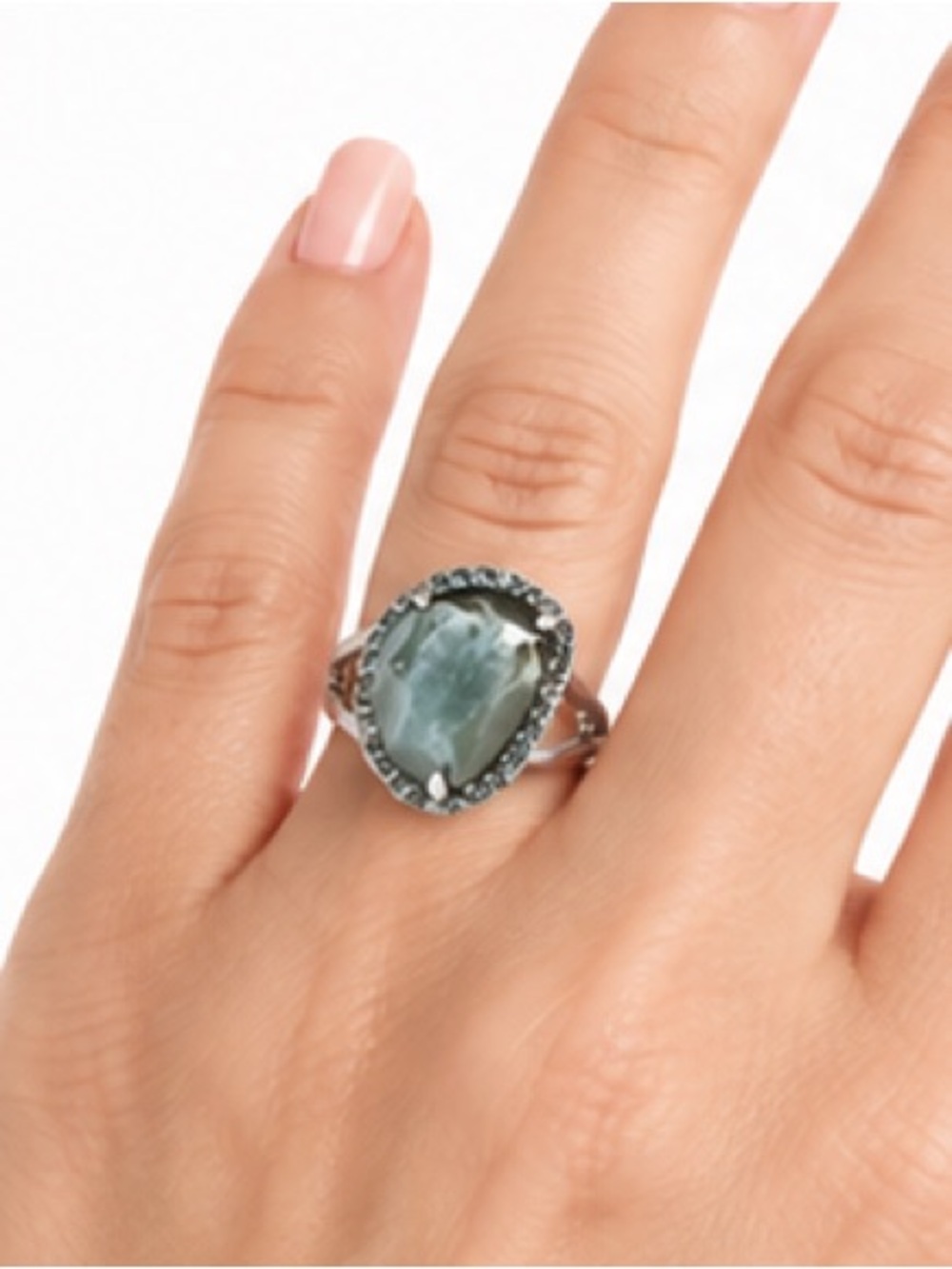 NEW - Statement Cocktail Moss Agate Gemstone Silver Ring w Halo of Rhinestones